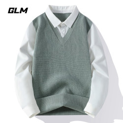 GLM 秋季新款休闲衬衫领百搭假两件休闲修身针织衫打底毛衣 男外套