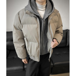 PU皮假两件连帽短外套棉服男款冬季加厚保暖棉衣