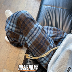 美式复古格子毛呢休闲裤男冬季加绒加厚宽松阔腿卫裤潮流保暖长裤