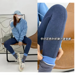 双腰头塑性高腰收腹健身裤女紧身复古牛仔运动显瘦提臀瑜伽裤