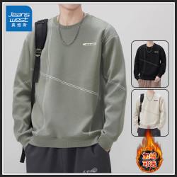真维斯 加厚圆领卫衣2026条纹新款休闲黑色长袖衣服加绒宽松上衣男