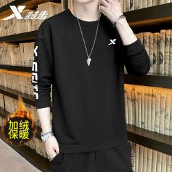 特步 卫衣男春季加绒加厚保暖正品圆领官方正品跑步运动休闲男装