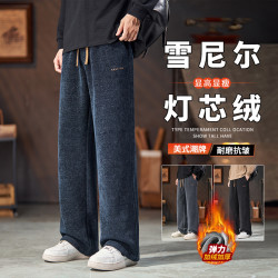 雪花博奥绒休闲裤男士2026秋冬新款加绒直筒宽松阔腿灯芯绒卫裤潮