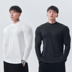 GD纯色半高领长袖T恤男春秋季外穿休闲运动健身训练打底弹力衣服