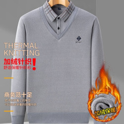 培蒙 超柔加绒加厚中年保暖翻领假两件绵羊毛桑蚕丝新款男士毛衣
