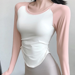 网红撞色拼接运动T恤女秋季长袖健身服速干跑步训练显瘦运动长袖