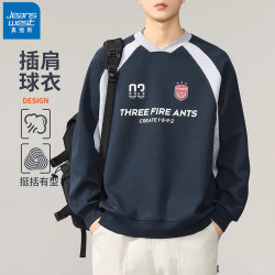 真维斯 2026秋季圆领宽松男士通勤卫衣春秋运动拼接印花潮流打底衫