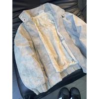 美式扎染pu皮衣外套男冬季加绒加厚保暖棉服冬装立领机车雾面夹克