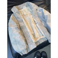美式扎染pu皮衣外套男冬季加绒加厚保暖棉服冬装立领机车雾面夹克