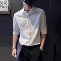 MK 痞帅五分袖衬衫男潮牌短袖立体压花半袖寸衫休闲痞帅男装中袖衬衣