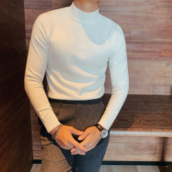 春季新款男士纯色半高领针织打底衫青年修身时尚百搭长袖中领毛衣