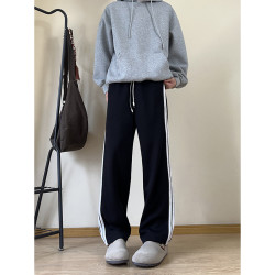 学生直筒裤子男款秋冬加绒加厚重磅卫裤潮牌三条杠校服休闲运动裤