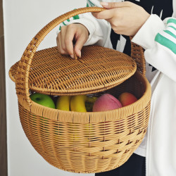 Q77新中式圆形手提带盖篮子菜篮手工编织家用露营篮30*30*36