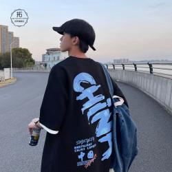 国潮china宽松落肩t恤男夏季短袖潮牌潮流ins港风情侣宽松上衣服