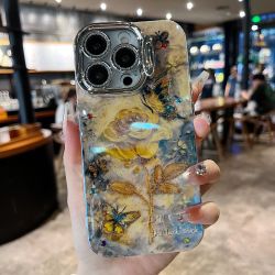 适用苹果系列iPhone15新款手机壳油画黄玫瑰隐形支架全包镜头膜