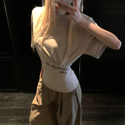 美式网红洋气衣服炸街女装字母印花短袖T恤夏季褶皱修身收腰上衣