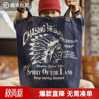 马登 工装美式复古牛仔大容量托特包丹宁通勤单肩包做旧手提包包男 牛仔蓝 均码
