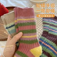 白糖年糕 秋冬季复古中筒袜加绒加厚保暖毛绒堆堆袜 粉紫中筒3+卡其中筒2 均码