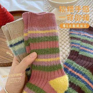 白糖年糕 秋冬季复古中筒袜加绒加厚保暖毛绒堆堆袜 粉紫中筒3+卡其中筒2 均码