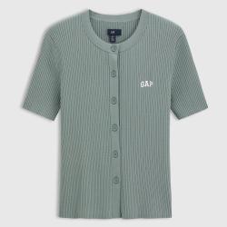 Gap 女装夏季款刺绣logo坑条肌理纽扣常规针织衫短袖766083