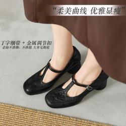 朗姿 T字带玛丽珍鞋舒适粗跟不累脚单鞋百搭通勤高跟鞋