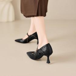 朗姿 高级感铆钉玛丽珍鞋职场女王气质尖头高跟鞋百搭通勤