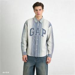 Gap 男女装2026春季款logo刺绣条纹宽松翻领长袖衬衫上衣854176
