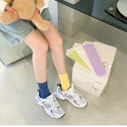 白糖年糕 袜子女白色冰冰袜春夏季薄款纯色冰丝jk天鹅绒夏天中筒女士堆堆袜 黄色中筒3+白色中筒2