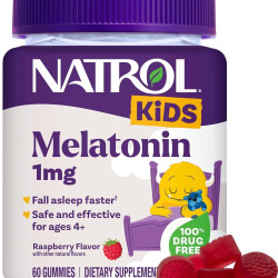 NATROL 儿童褪黑素软糖 1mg,适合平静睡眠,60粒覆盆子软糖
