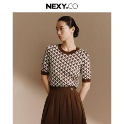 NEXY.CO 都市休闲高级感拼色针织衫舒适冰丝夏装女士t恤短袖时尚