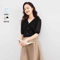 Koradior 潮流法式v领钉珠短袖针织衫T恤上衣女