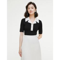 珂思 法式Polo领通勤短袖针织上衣女