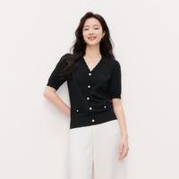 Koradior 夏时尚亲肤透气弹力轻奢范V领修身灯笼袖针织上衣女