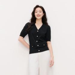 Koradior 夏时尚亲肤透气弹力轻奢范V领修身灯笼袖针织上衣女
