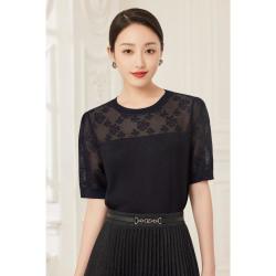娜尔思 黑色简约气质典雅短袖上衣女