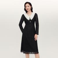Koradior 春季蕾丝修身娃娃领撞色小清新连衣裙女