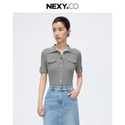 NEXY.CO 都市休闲质感优雅正肩短袖针织衫女
