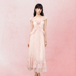 自巧 小个子法式浪漫荷叶边v领蕾丝拼接粉色连衣裙女2026夏季新款