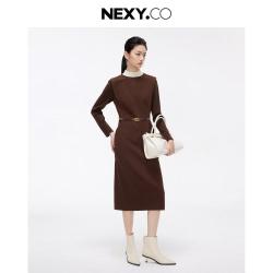 NEXY.CO 春秋季撞色领收腰优雅干练轻松打造时尚通勤风连衣裙
