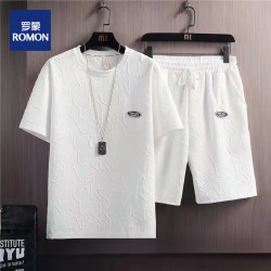 罗蒙 夏季提花休闲套装男2026潮牌宽松运动服套装青少年短袖短裤二件套 高品质白色