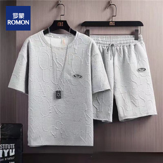 罗蒙 夏季提花休闲套装男 白色 XL 短袖短裤二件套