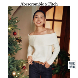 Abercrombie & Fitch 美式气质罗纹一字肩露肩长袖白色毛衣针织衫25秋冬女装