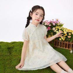 茵曼 女童透气国风立领连衣裙26夏新款儿童时尚珍珠网纱旗袍公主裙潮