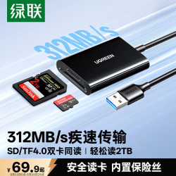 绿联 USB高速读卡器 SD/TF4.0二合一 支持UHS-I/II卡 适用电脑手机单反相机行车记录仪