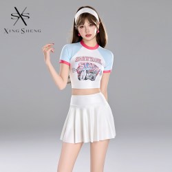 型盛 2026新款温泉原创少女多巴胺短袖防晒速干冲浪分体保守裙式游泳衣