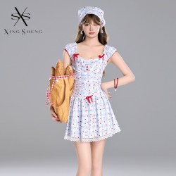 型盛 高级感泳衣女新款连体裙式韩ins格子印花保守遮肚显瘦纯欲少女风