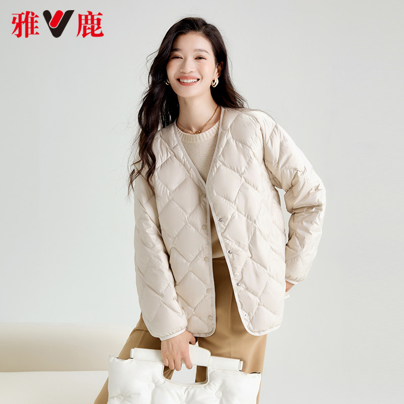 雅鹿 轻薄羽绒服女 菱形格 白色 L