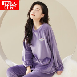 Hodo 居家 秋冬女式套头法兰绒睡衣女士精致刺绣甜美小清新可外穿家居服套装 风信紫 160/84A