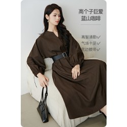 晚白 2026年秋新款V领极简风设计感裙子配腰带宽松大码胖MM连衣裙