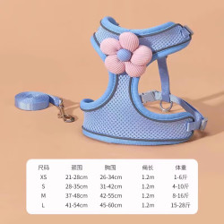 三栖虎 宠物外出小雏菊绣花牵引绳花边背心狗狗猫咪胸背带小型犬胸背 透气款蓝色 XS